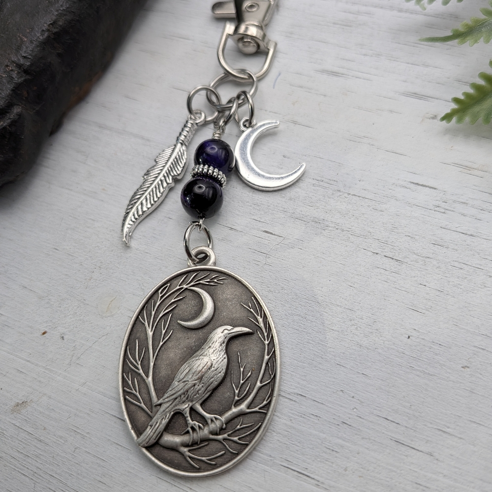 Raven Moon Keychain with Feather & Crescent Charms / Bag Charm - Picture 3 of 4